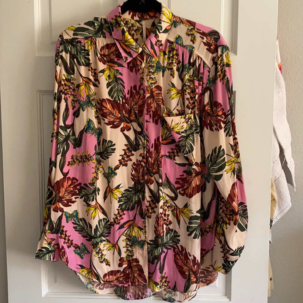 Free People Floral/Tropical Button Down Silk Shirt